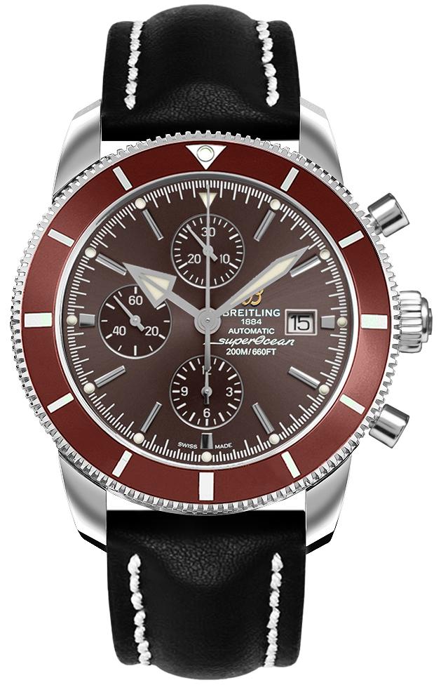 Superocean Heritage II Chronograph 46mm Automatic in Steel with Bronze Ceramic Bezel on Black Calfskin Leather Strap with Bronze Dial