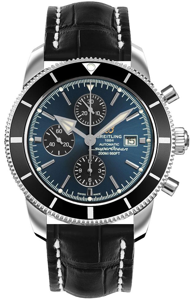 Superocean Heritage II Chronograph 46mm in Steel with Black Ceramic Bezel on Black Crocodile Leather Strap with Gun Blue Dial