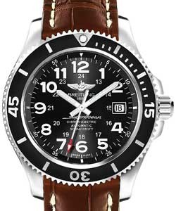 Superocean II 42mm Automatic in Steel with Black Bezel on Brown Crocodile Leather Strap with Black Dial