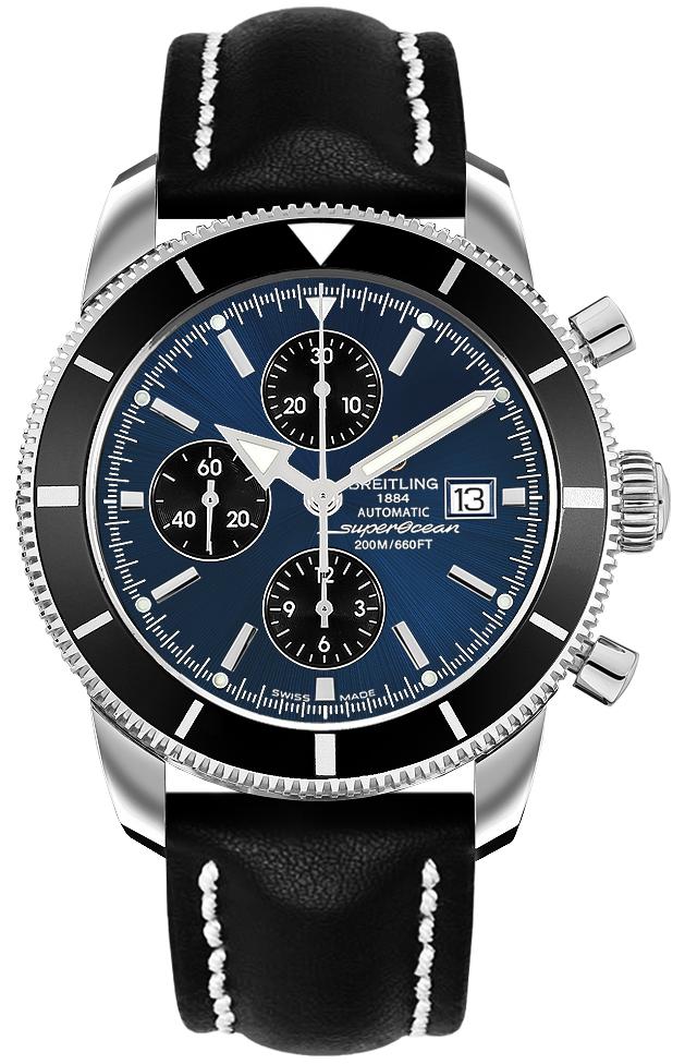 Superocean Heritage Chronograph 46mm Automatic in Steel with Black Bezel on Black Calfskin Leather Strap with Gun Blue Dial