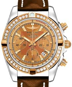 Chronomat 44mm in Polished Steel with Rose Gold Diamonds Bezel On Brown Calfskin Leather Strap with Golden Sun Dial