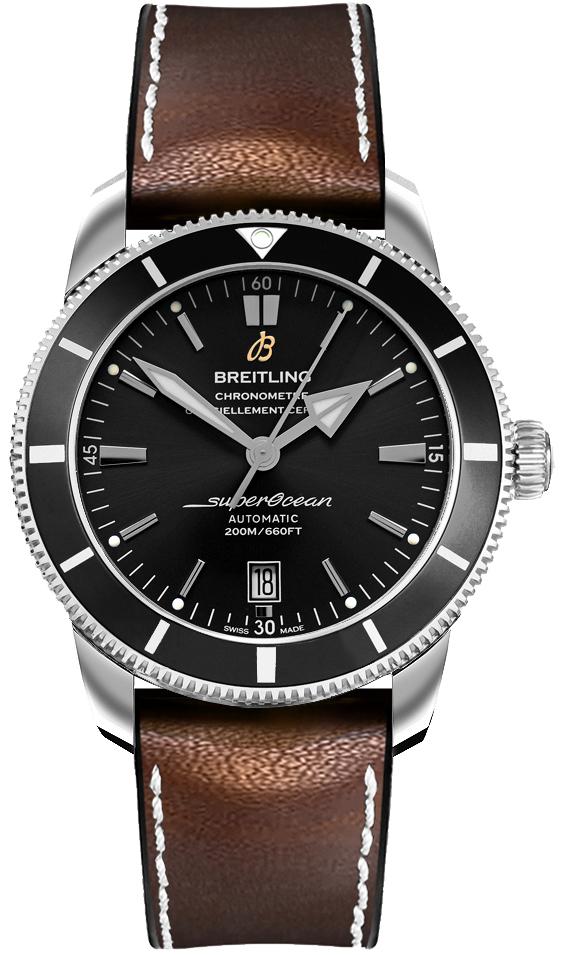 Superocean Heritage II 42mm in Steel with Black Ceramic Bezel on Brown Rubber Strap with Volcano Black Dial