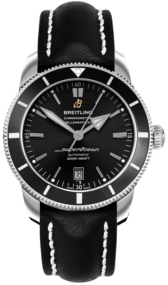 Superocean Heritage II 42mm Automatic in Steel with Black Ceramic Bezel on Black Calfskin Leather Strap with Volcano Black Dial