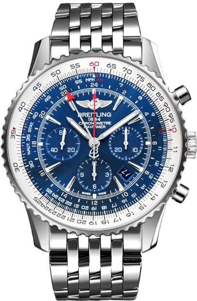 Navitimer GMT Chronograph 48mm Automatic in Steel on Stainless Steel Bracelet with Aurora Blue Dial