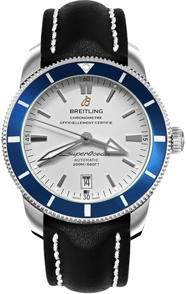 Superocean Heritage II 46mm in Steel with Blue Ceramic Bezel on Black Calfskin Leather Strap with Stratus Silver Dial