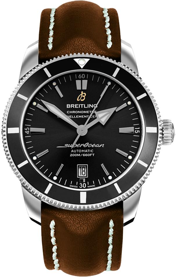 Superocean Heritage II 46mm in Steel with Black Ceramic Bezel on Brown Calfskin Leather Strap with Black Dial