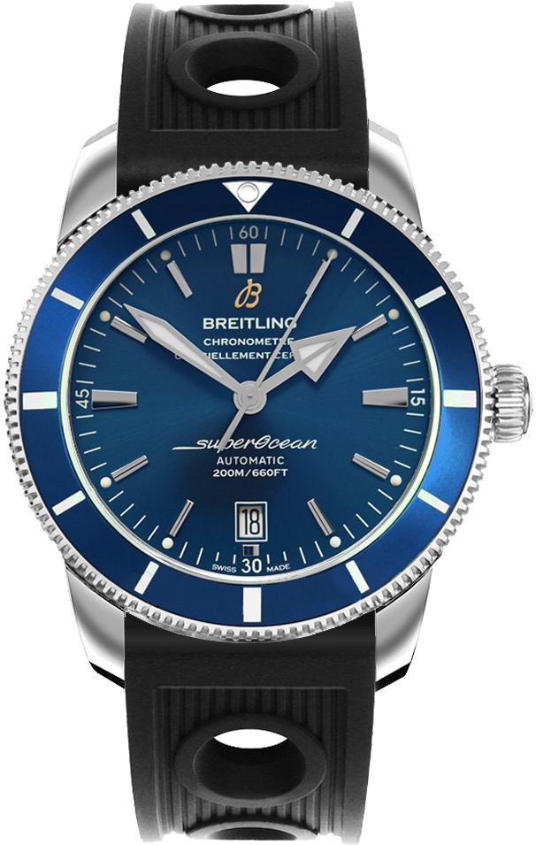 Superocean Heritage II 46mm in Steel with Blue Ceramic Bezel on Black Ocean Racer Rubber Strap with Gun Blue Dial