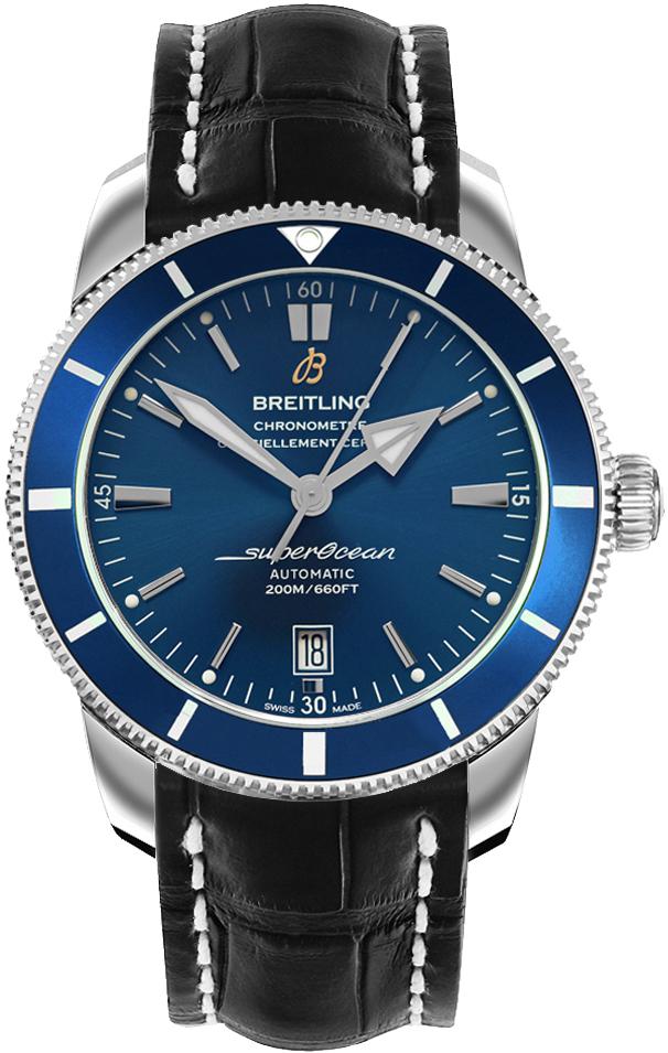Superocean Heritage II 42mm Automatic in Steel with Blue Ceramic Bezel on Black Crocodile Leather Strap with Gun Blue Dial