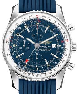 Navitimer World Chronograph 46mm in Steel on Blue Lined Rubber Strap with Blue Dial