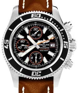 Superocean Abyss Chronograph II 44mm Automatic in Steel on Brown Calfskin Leather Strap with Black Dial Having Orange Ascents