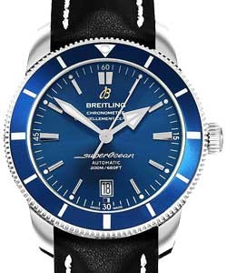 Superocean Heritage II 42mm Automatic in Steel with Blue Bezel on Black Calfskin Leather Strap with Gun Blue Dial