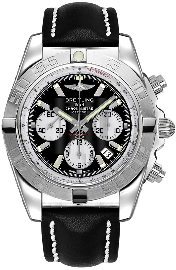 Chronomat 44mm Automatic in Steel with Brushed Bezel on Black Calfskin Leather Strap with Black Dial