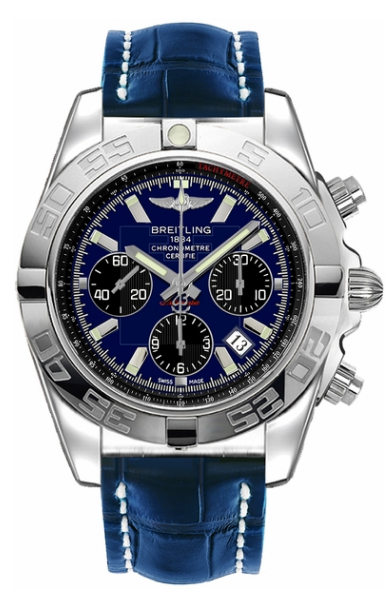 Chronomat 44 Chronograph in Steel on Blue Crocodile Leather Strap with Blue Dial - Black Subdials