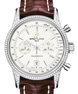 Transocean Chronograph 38mm in Steel with Diamond Bezel on Brown Crocodile Leather Strap with Silver Dial