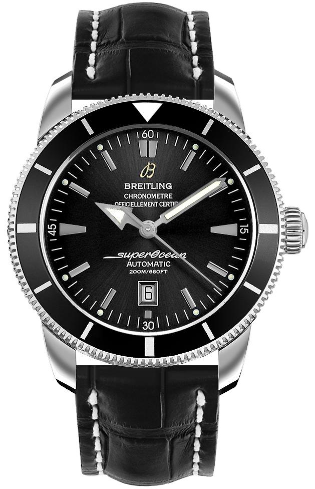 Superocean Heritage 46mm Automatic in Steel with Black Bezel on Black Crocodile Leather Strap with Black Dial