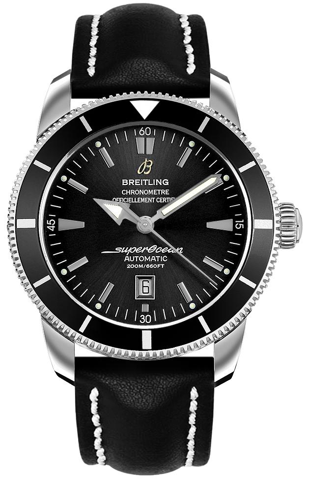Superocean Heritage 46mm Automatic in Steel with Black Bezel on Black Calfskin Leather Strap with Black Dial