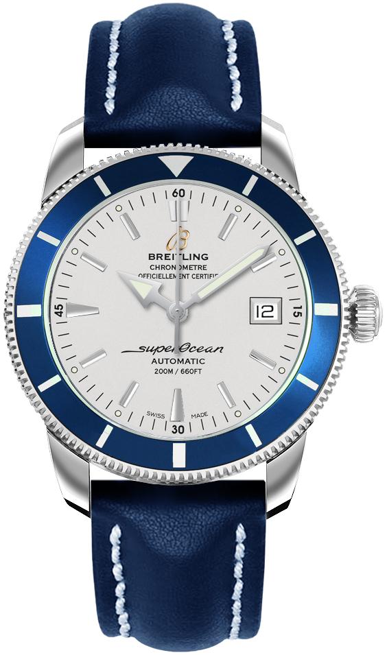 Superocean Heritage 42mm in Steel with Blue Bezel On Blue Calfskin Leather Strap with Silver Dial