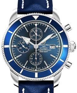 Superocean Heritage II Chronograph 46mm in Steel with Blue Ceramic Bezel on Blue Calfskin Leather  Strap with Volcano Blue Dial