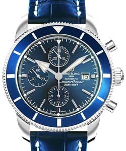 Superocean Heritage II Chronograph 46mm in Steel with Blue Ceramic Bezel on Blue Crocodile Leather  Strap with Volcano Blue Dial