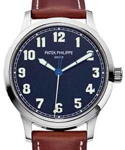 Calatrava Pilot 5522A in Steel - New York Limited Edition on Brown Calfskin Leather Strap with Matte Blue Arabic Dial