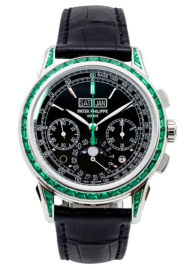 Patek Philippe Perpetual Calendar Chronograph 5271P in Platinum with Green Baguette Diamond Bezel