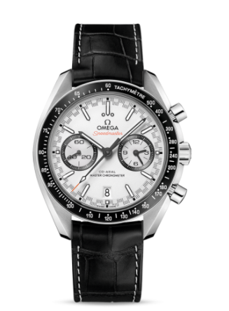 Speedmaster Racing Master Co-Axial 44.25mm in Steel with Black Tachymeter Bezel on Black Crocodile Leather Strap with White Dial