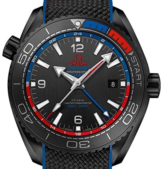 Seamaster Planet Ocean 600M in Black Ceramic on Black Fabric and Rubber Strap with Ceramic Black Dial and Red-Blue Accents