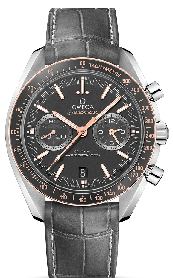 Speedmaster Racing Master Co-Axial 44.25mm in Steel with Sedna Gold Bezel on Grey Crocodile Leather Strap with Matte Grey Dial