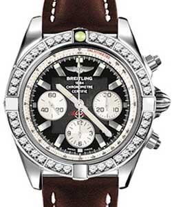 Chronomat 44 in Steel with Diamond Bezel On Brown Calfskin Leather Strap Black Dial