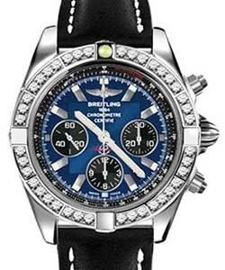 Chronomat Chronograph 44mm in Steel with Diamond Bezel On Black Calfskin Leather Strap with Blue Dial