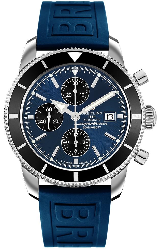 Superocean Chronographe Heritage in Steel with Black Bezel on Blue Diver Pro III Strap with Blue Dial-Black Subdials
