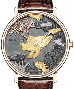 Villeret Manuelle Piece Unique Shakudo Pine Tree in Rose Gold on Brown Crocodile Leather Strap with Grey Dial