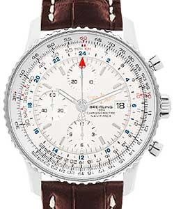 Navitimer World Chronograph 46mm Automatic in Steel on Gold Crocodile Leather Strap with Silver Dial
