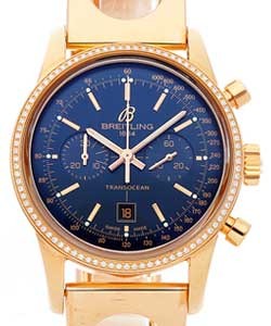 Transocean Chronograph 38mm in Rose Gold with Diamond Bezel on Rose Gold Ocean Bracelet with Blue Dial