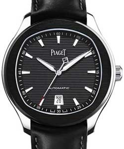 Polo S Chronograph in Steel on Black Calfskin Leather Strap with Black with Horizontal Pinstripes Dial