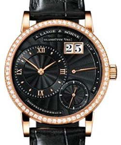 Small Long 1 in Rose Gold with Diamond Bezel on Black Alligator Leather Strap with Black Dial
