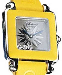 Happy Sport Square in Steel with Yellow Rubber Bezel on Yellow Rubber Strap with Silver Having 3 Floating Diamonds Dial
