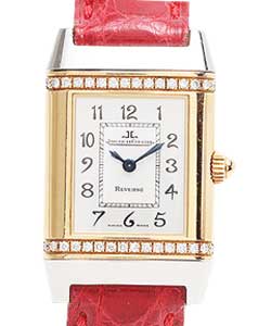 Reverso Florale in Steel and Yellow Gold with Diamond Bezel on Red Leather Strap with Silver Dial