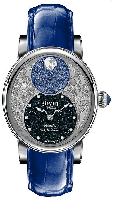 Dimier Recital 11 Miss Alexandra Moon Phase in White Gold on Blue Crocodile Leather Strap with MOP Guilloche Diamonds Dial