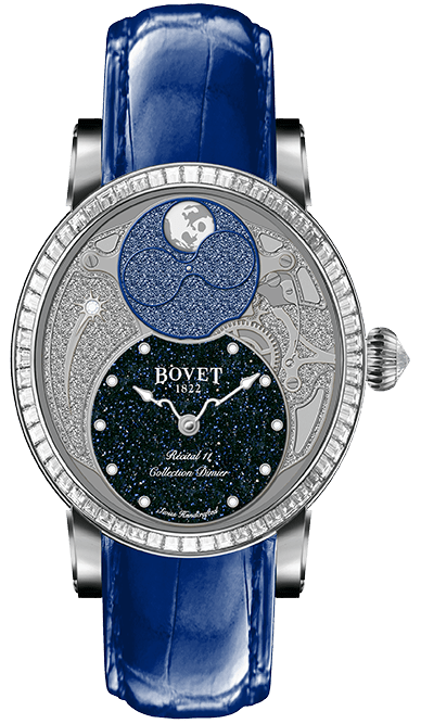 Dimier Recital 11 Miss Alexandra Moon Phase in White Gold with Baguette Bezel on Blue Crocodile Leather Strap with MOP Guilloche Diamonds Dial