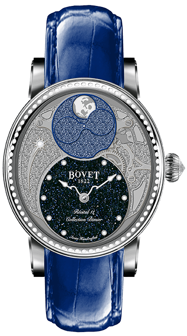 Dimier Recital 11 Miss Alexandra Moon Phase in White Gold with Diamonds Bezel on Blue Crocodile Leather Strap with MOP Guilloche Diamonds Dial