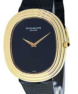 Ellipse Grande in Yellow Gold on Black Reptile Leather Strap with Black Onyx Dial