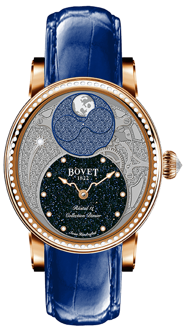 Dimier Recital 11 Miss Alexandra Moon Phase in Rose Gold with Diamonds Bezel on Blue Crocodile Leather Strap with MOP Guilloche Diamonds Dial