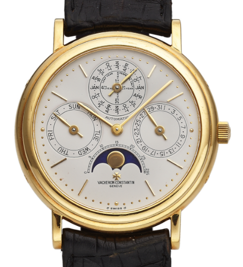 Perpetual Calendar Moonphase in Yellow Gold on Black Alligator Leather Strap with White Dial