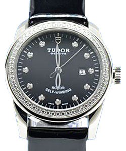 Glamour Date in Steel with Diamond Bezel on Black Patent Leather Strap with Black Diamond Dial