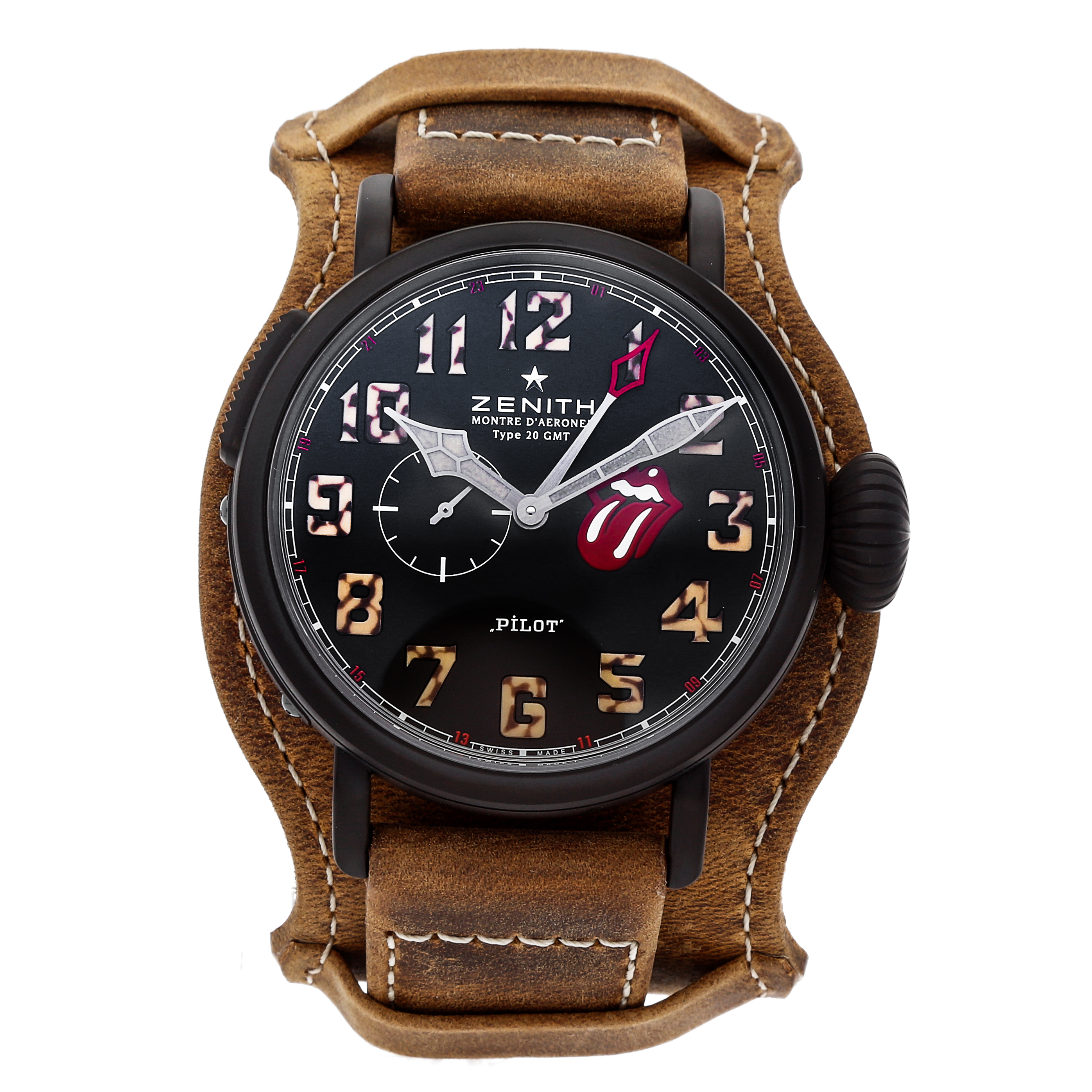 Pilot Type 20 GMT Rolling Stone in Black PVD Titanium - Limited Edition On Brown Calfskin Leather Strap with Black Arabic Dial