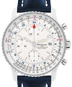 Navitimer World Chronograph 46mm in Steel on Blue Calfskin Leather Strap with Silver Dial