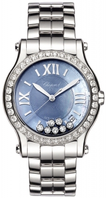 Happy Sport 36mm Automatic in Steel with Diamond Bezel on Steel Bracelet with Blue Mop Roman Dial