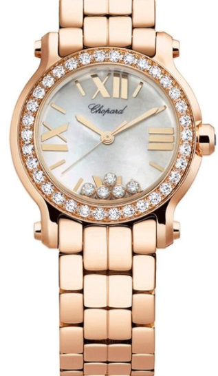 Happy Sport Round in Rose Gold with Diamond Bezel on Rose Gold Bracelet with MOP Dial - 4 Floating Diamonds