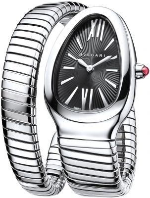 Serpenti Tubogas 35mm Quartz in Stainless Steel on Steel Single Tubogas Style Twirl Version Bracelet  with Black Sunburst Index & Roman Dial
